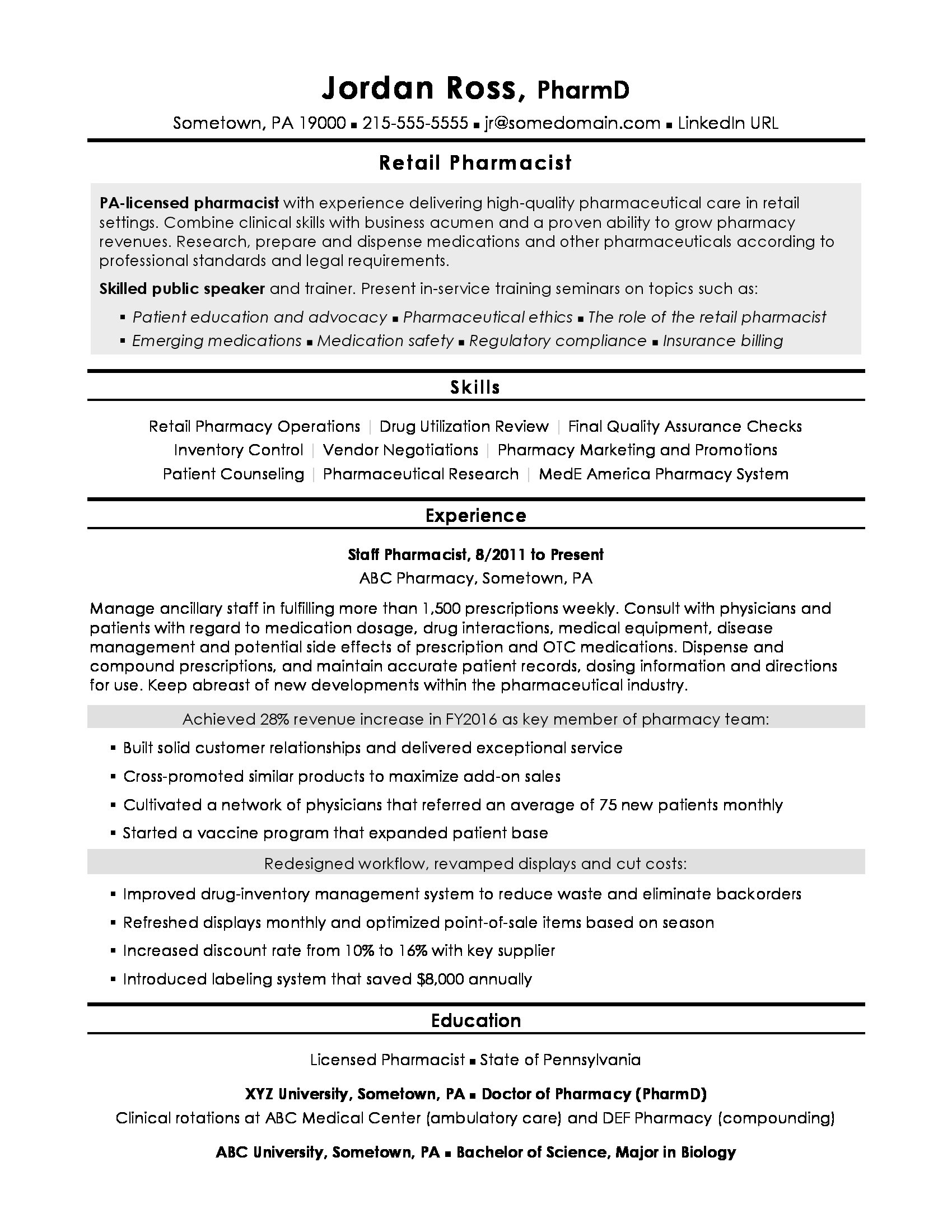 Pharmacist Resume Sample  Monster.com Inside Ross School Of Business Resume Template