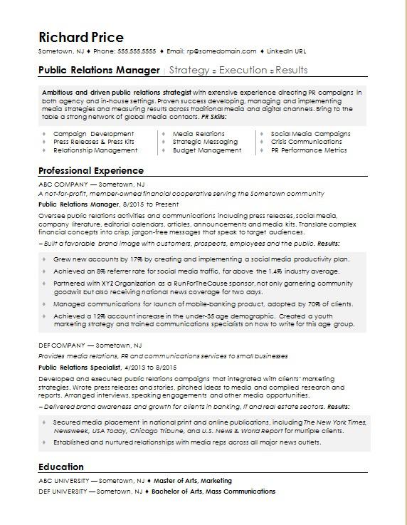 Sample Resume For A Public Relations Manager Monster Com