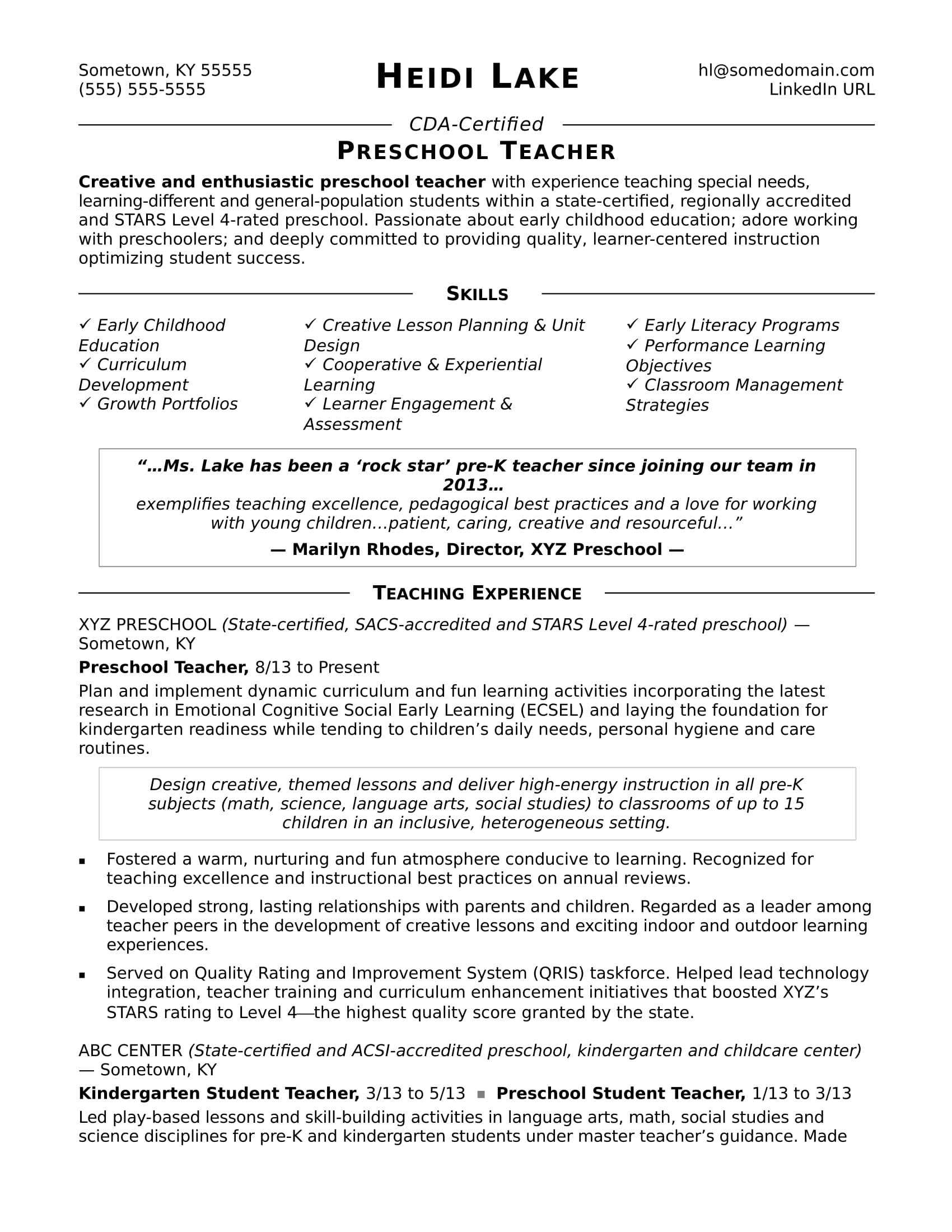 Preschool Teacher Resume Sample  Monster.com