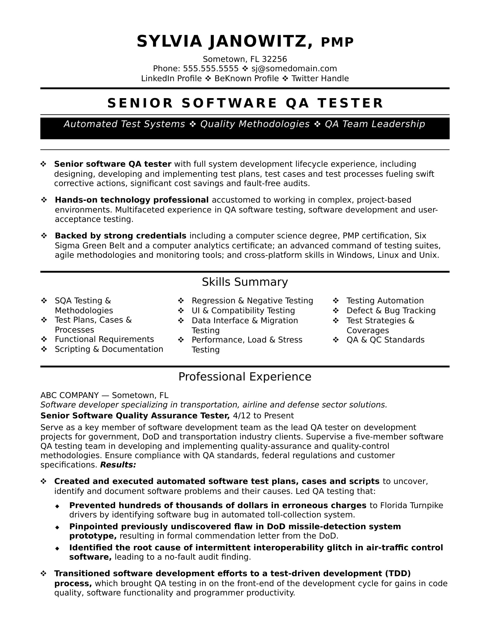 Experienced Qa Software Tester Resume Sample Monster Com