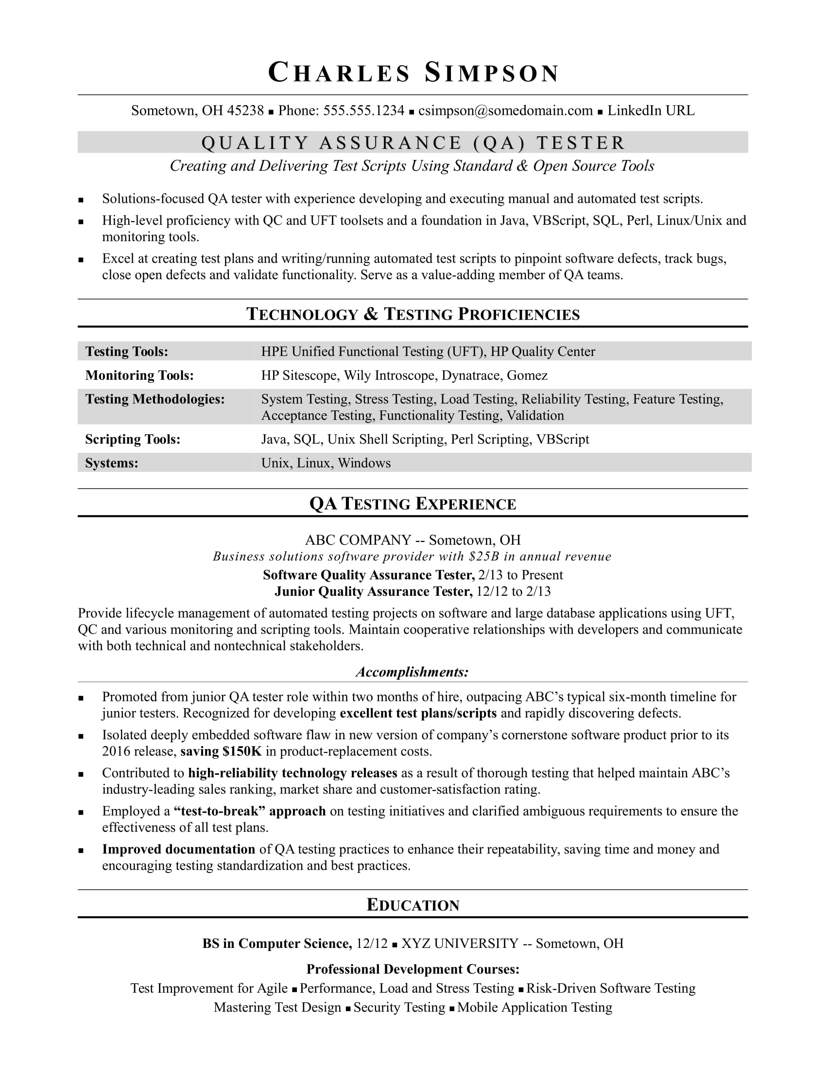 Sample Resume For A Midlevel QA Software Tester Monster
