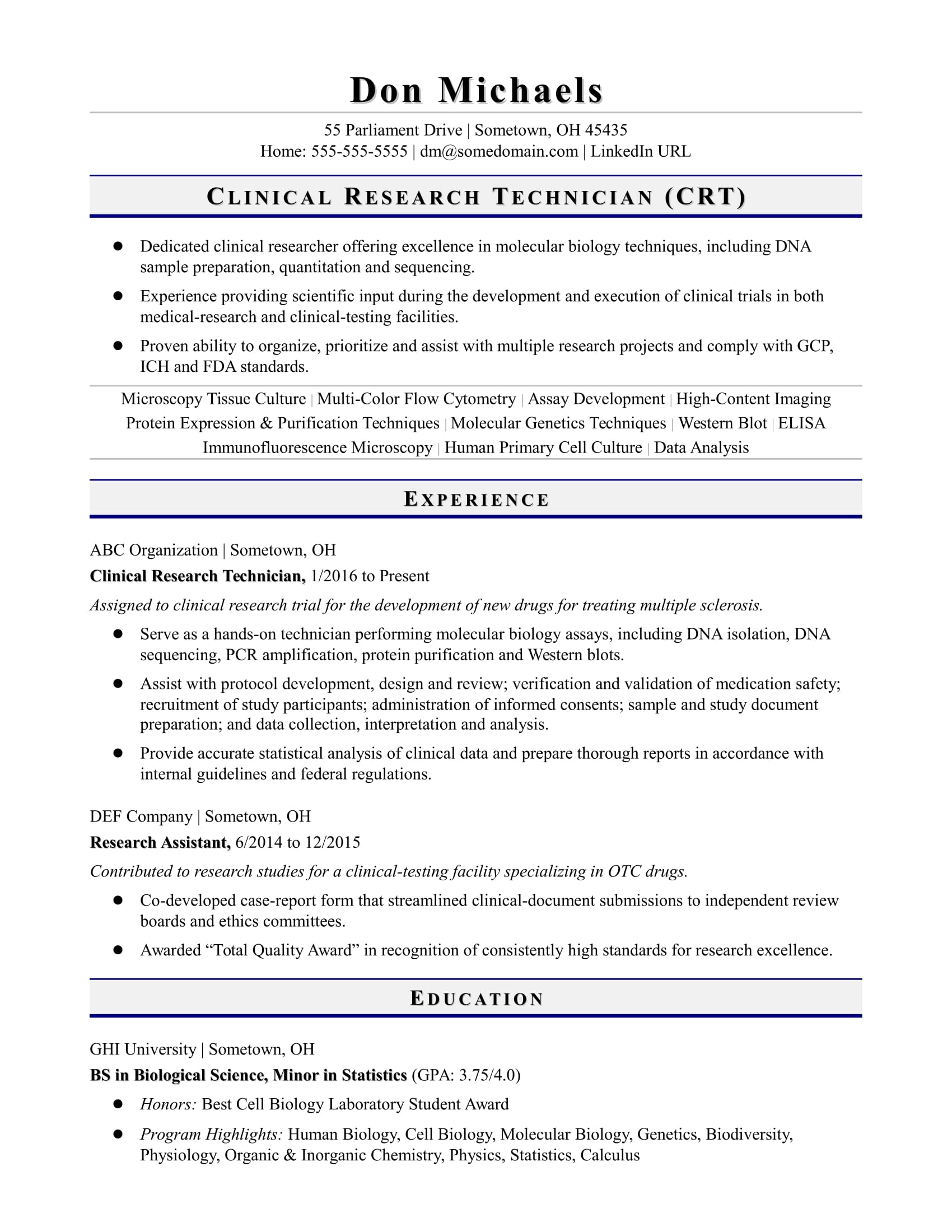 EntryLevel Research Technician Resume Sample