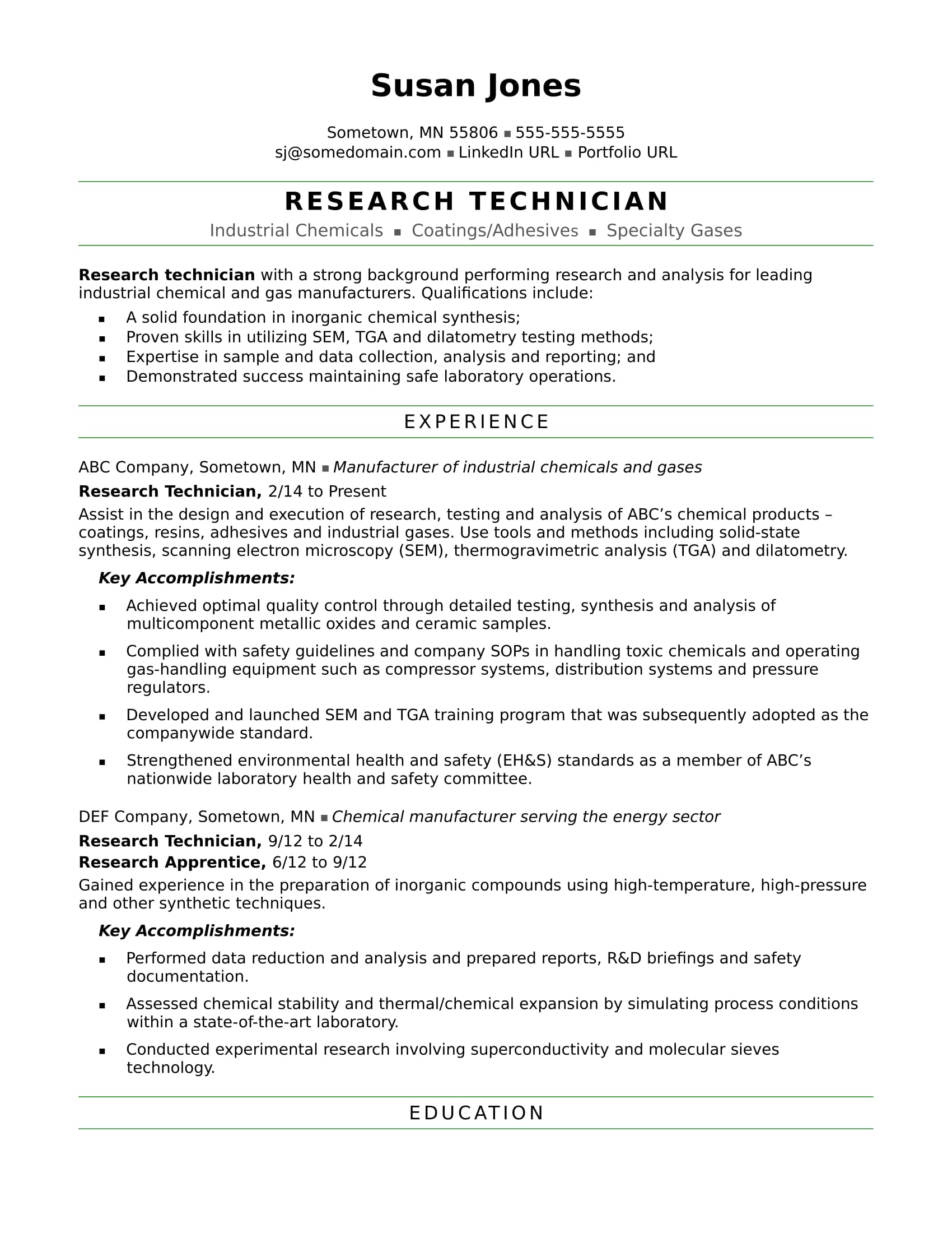 Research Technician Resume Sample | Monster.com