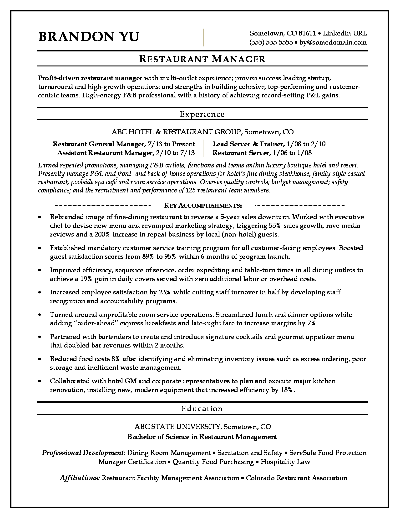 Food Service Manager Skills Resume Summary For Resume