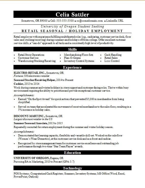 Seasonal Retail Resume Sample Monster Com