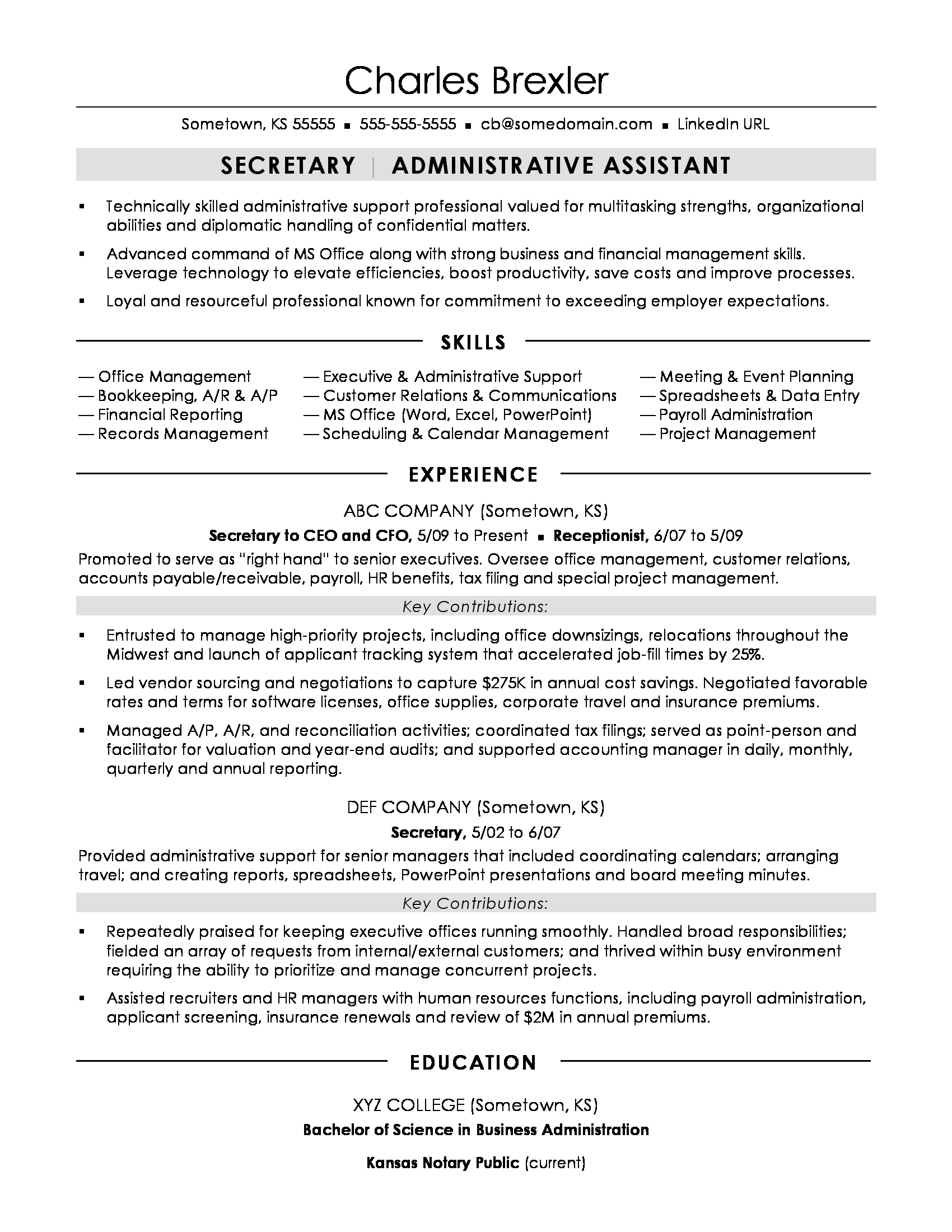 Secretary Resume Sample Monster