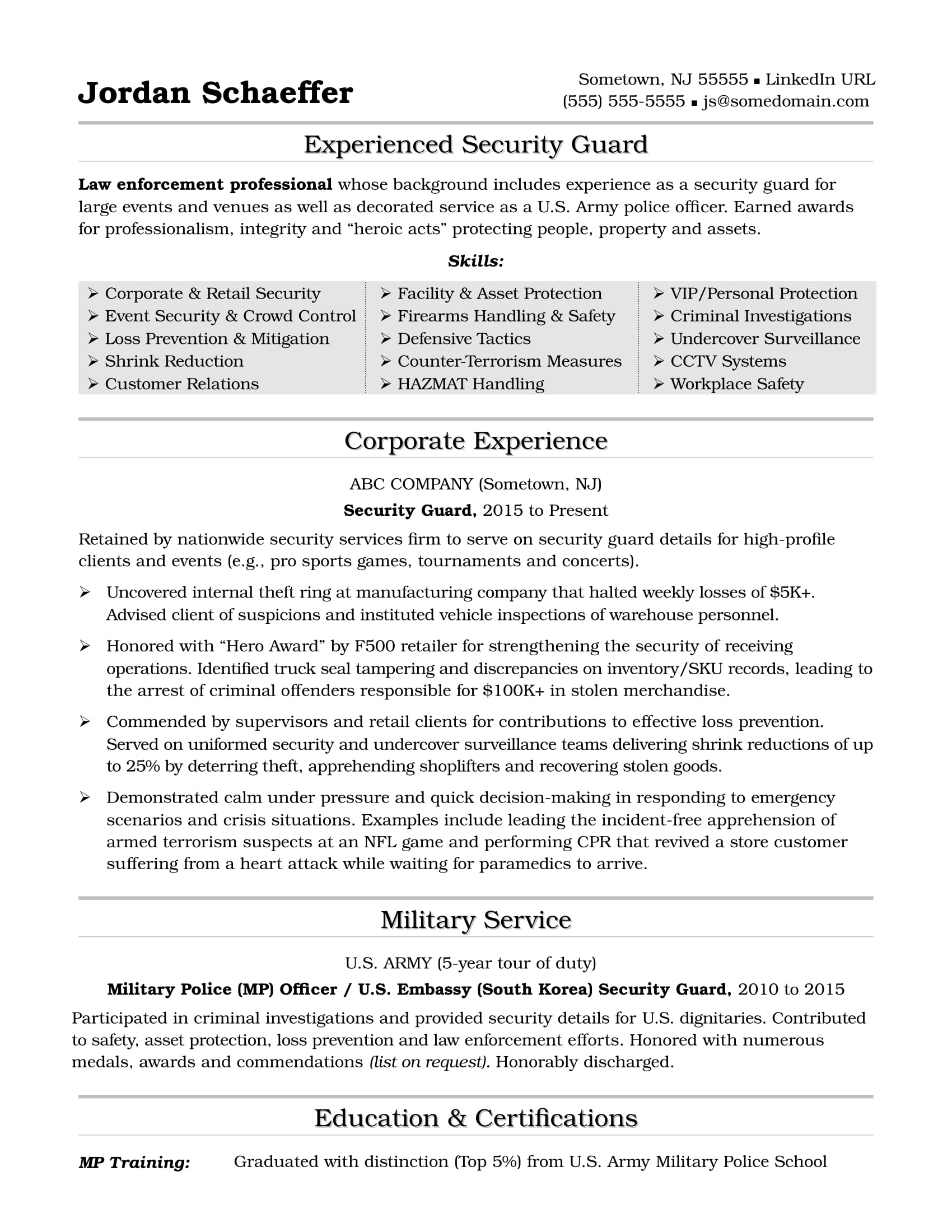 Security Guard Resume Sample