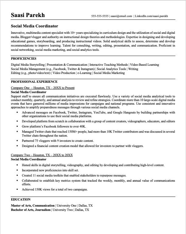 Social Media Coordinator Resume