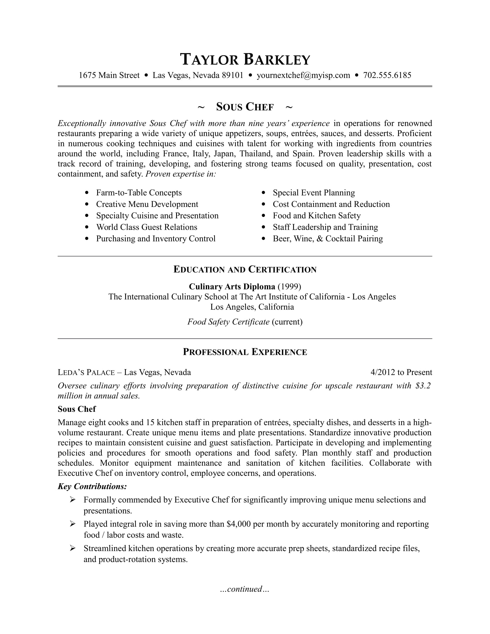 Sous Chef Resume Sample Monster Com