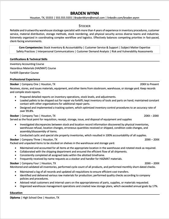 Stocker Resume Sample | Monster.com