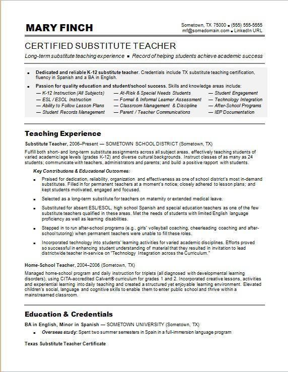 Substitute Teacher Resume Sample | Monster.com