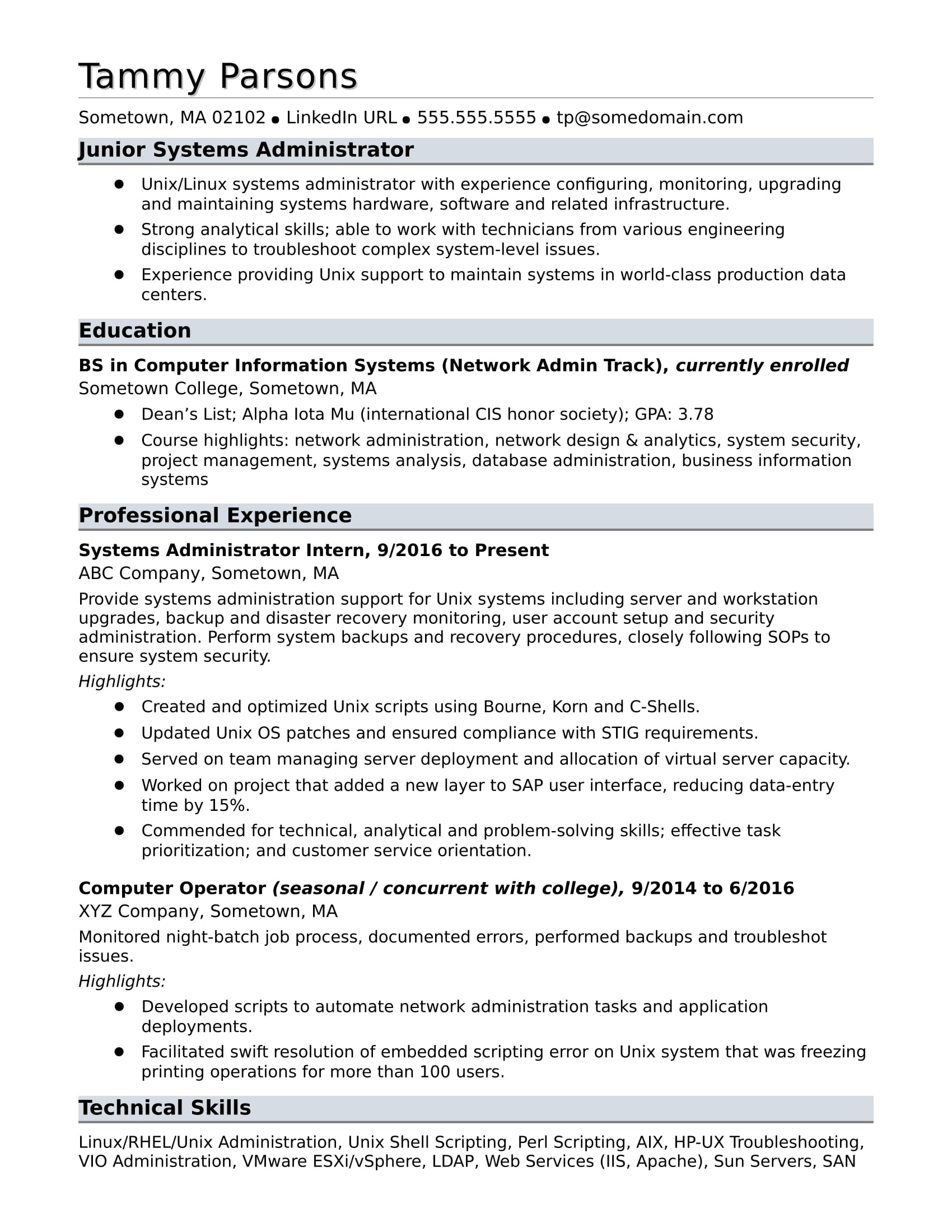 EntryLevel Systems Administrator Resume Sample