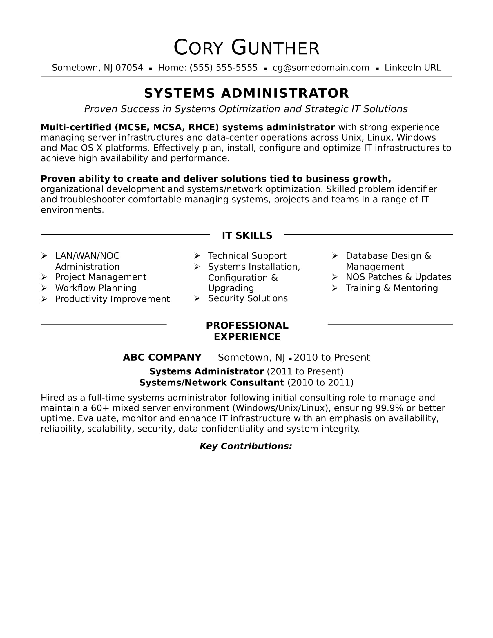 Professional Resume For Network Administrator Network Administrator