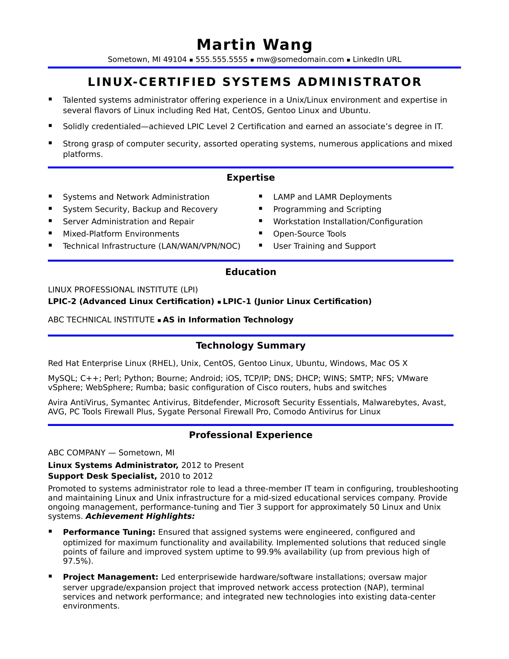 Sample Resume for a Midlevel Systems Administrator ...