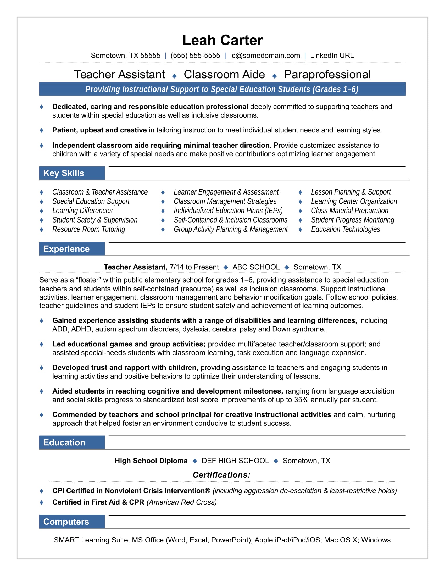 Teacher Assistant Resume Sample | Monster.com