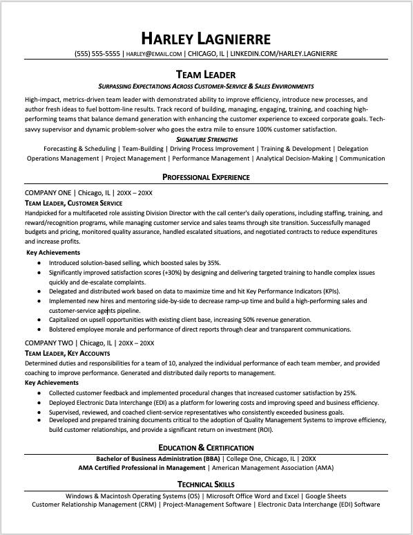resume format team leader position