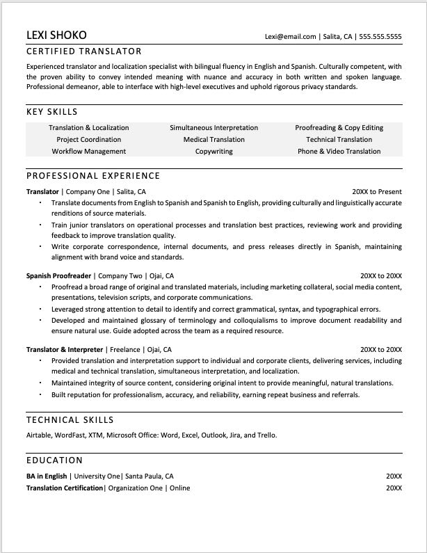 Translator Resume Sample