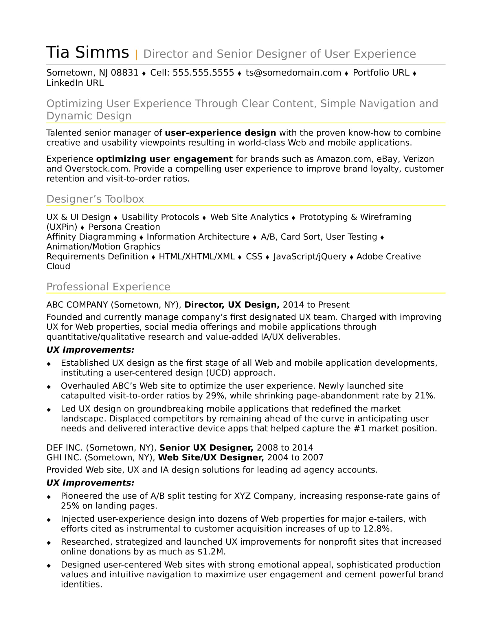 Sample Resume For An Experienced Ux Designer Monster Com