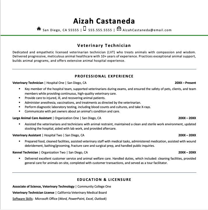 sample resume for vet tech