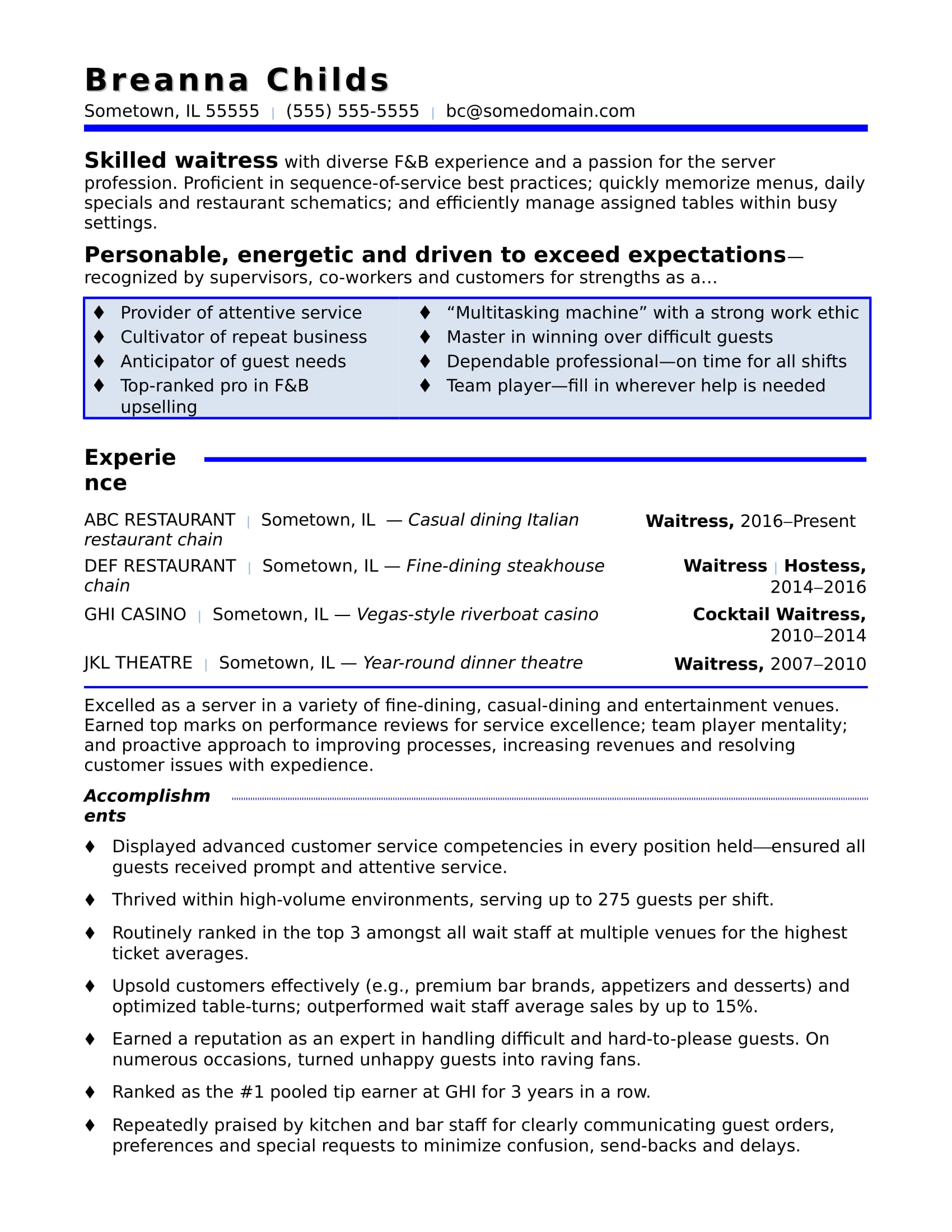 Waitress Resume Sample Monster Com